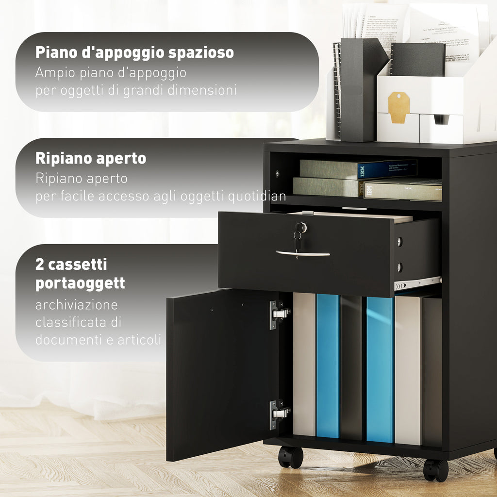 Wooden Office Cabinet with Open Shelf, Lockable Drawer and Storage Cabinet, 40x35x60 cm, Black