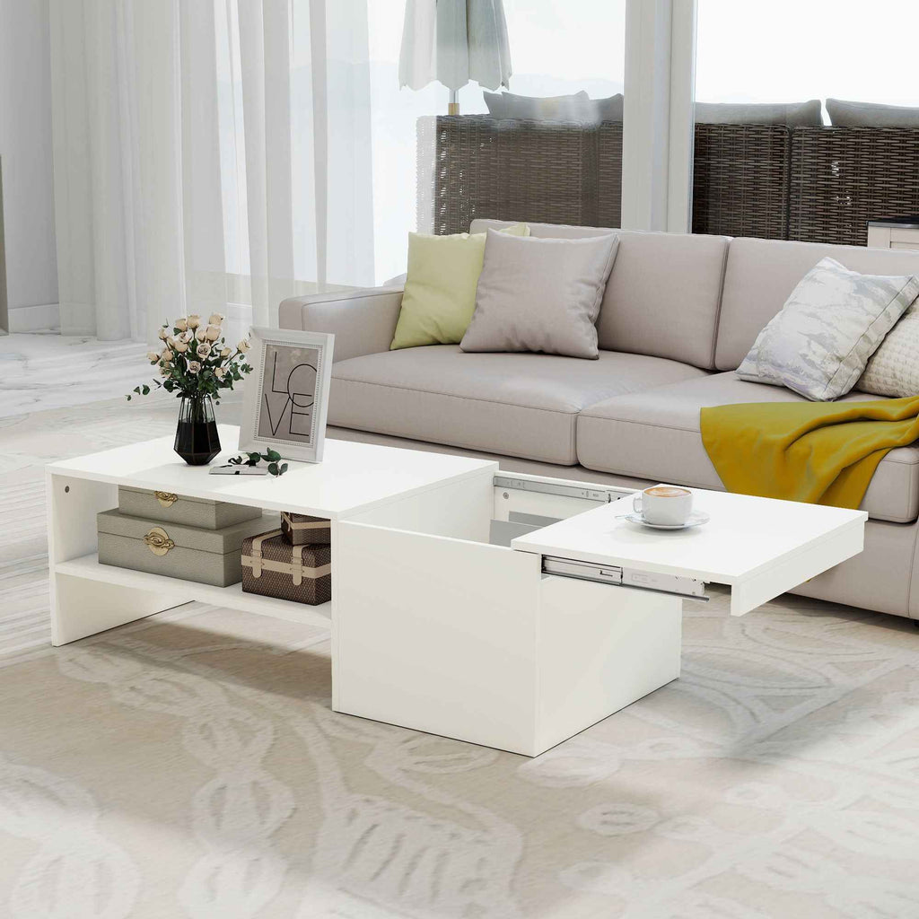 HOMCOM Wooden Coffee Table with Sliding Top and Open and Retractable Shelf, 110x52x36 cm, White