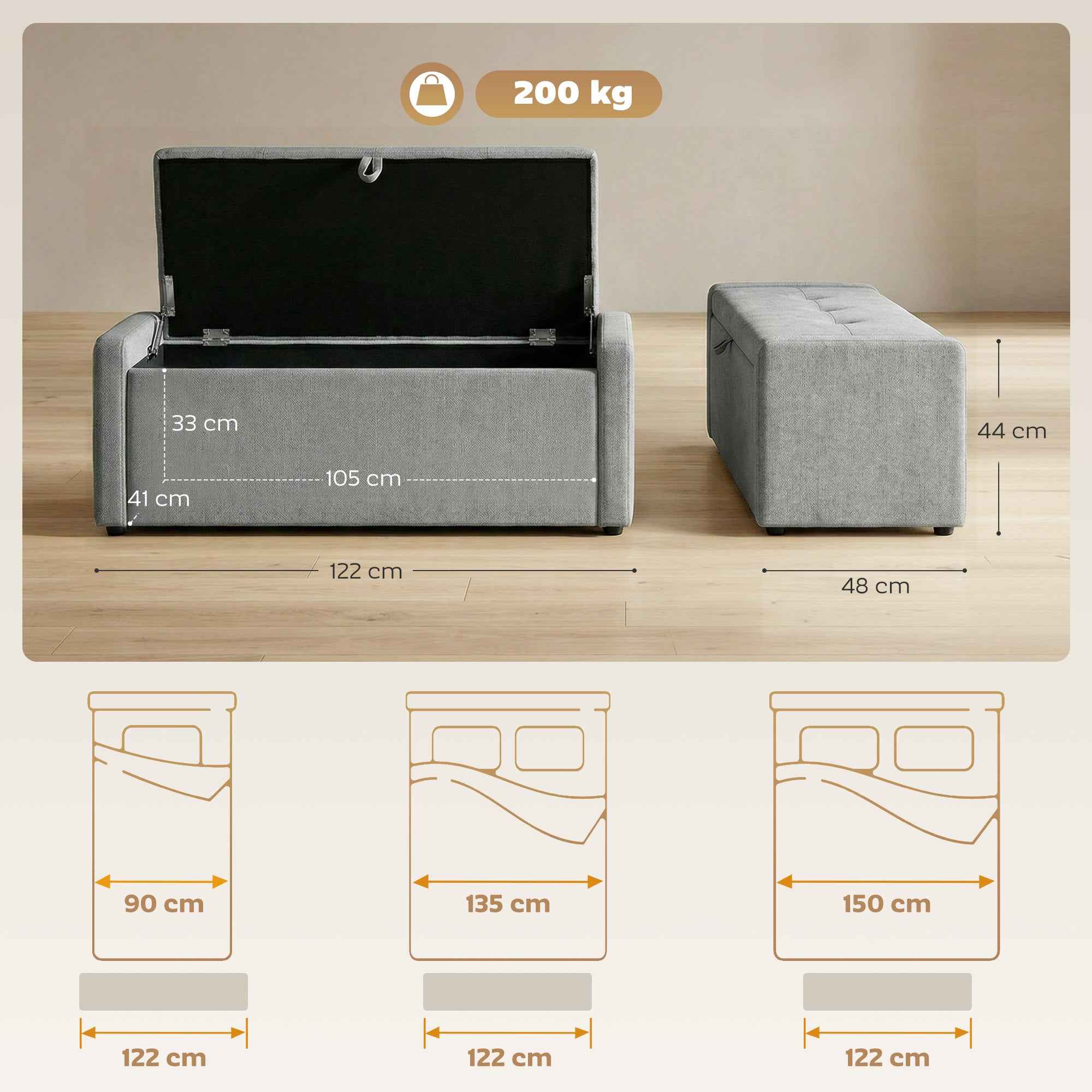 HOMCOM 142L Storage Bench, Wide Padded Seat, Linen, 200 kg Capacity, Light Grey