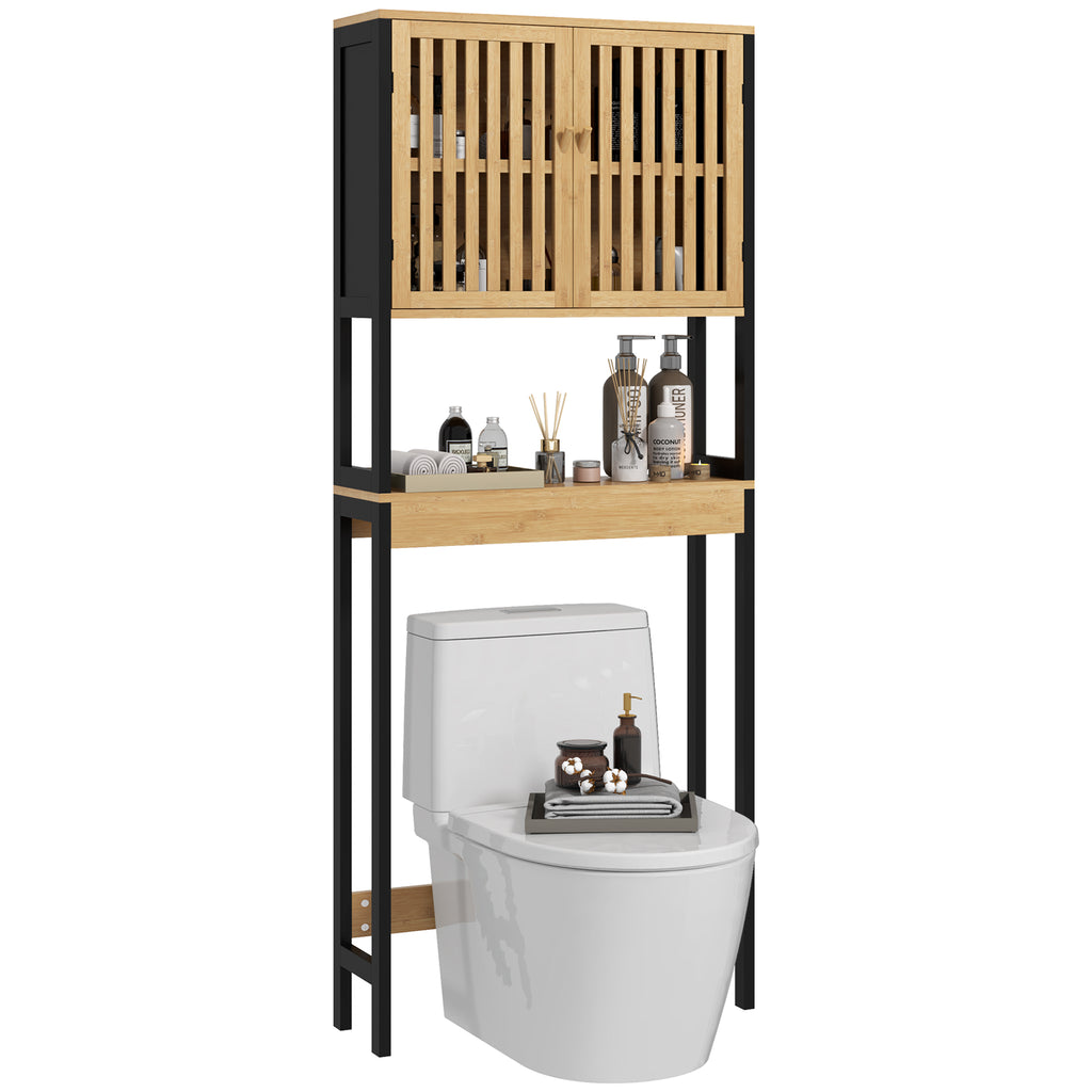 HOMCOM Cabinet Above Toilet with Cabinet 2 Slatted Doors and Open Shelf, 60x21.5x172cm, Wood Color - Borgè