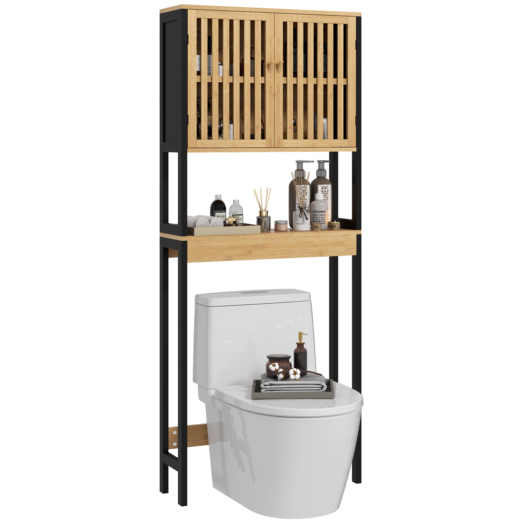 HOMCOM Cabinet Above Toilet with Cabinet 2 Slatted Doors and Open Shelf, 60x21.5x172cm, Wood Color - Borgè