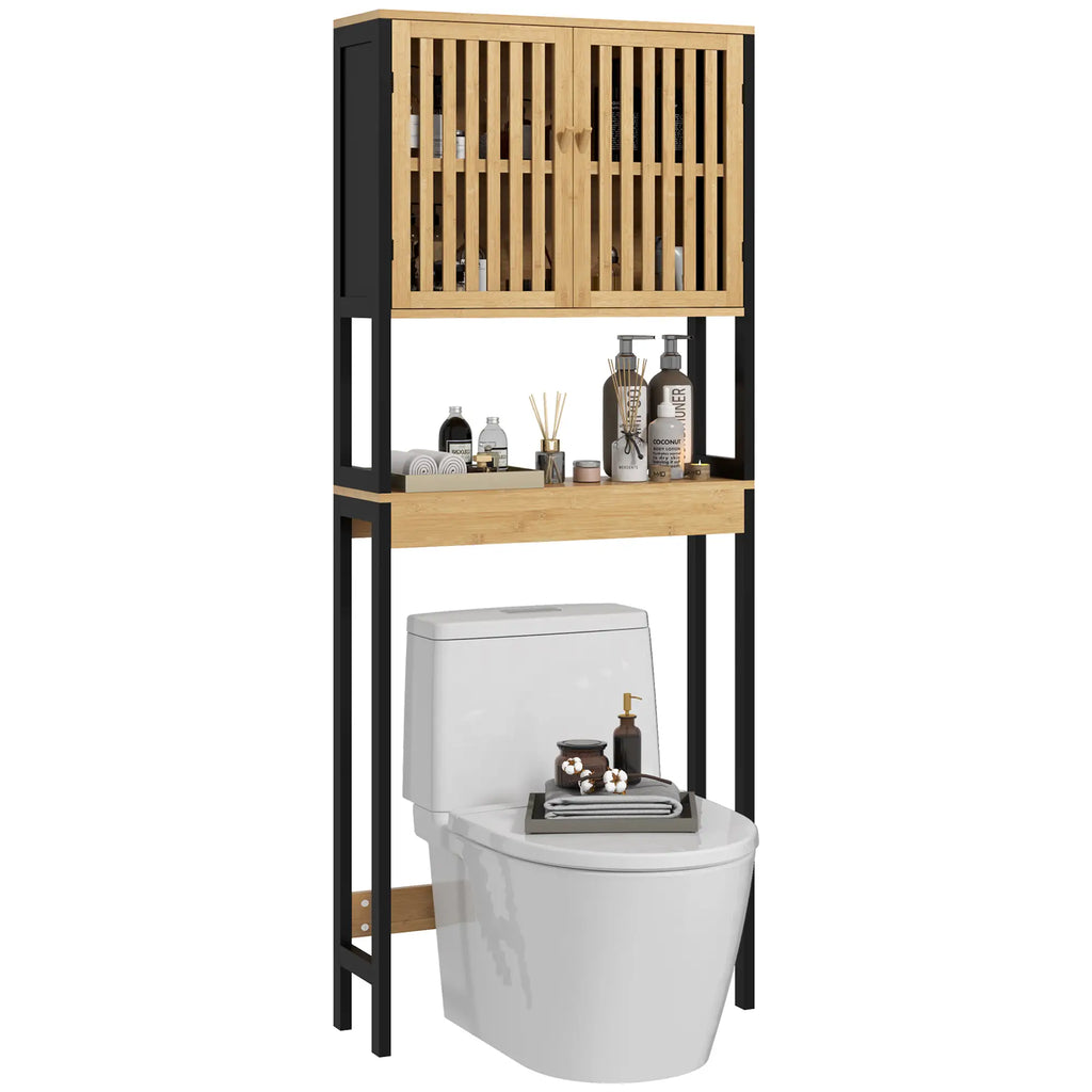 Over Toilet Cabinet with 2 Slatted Doors and Open Shelf, 60x21.5x172cm, Wood Color