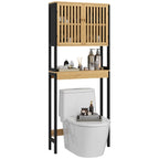 Over Toilet Cabinet with 2 Slatted Doors and Open Shelf, 60x21.5x172cm, Wood Color