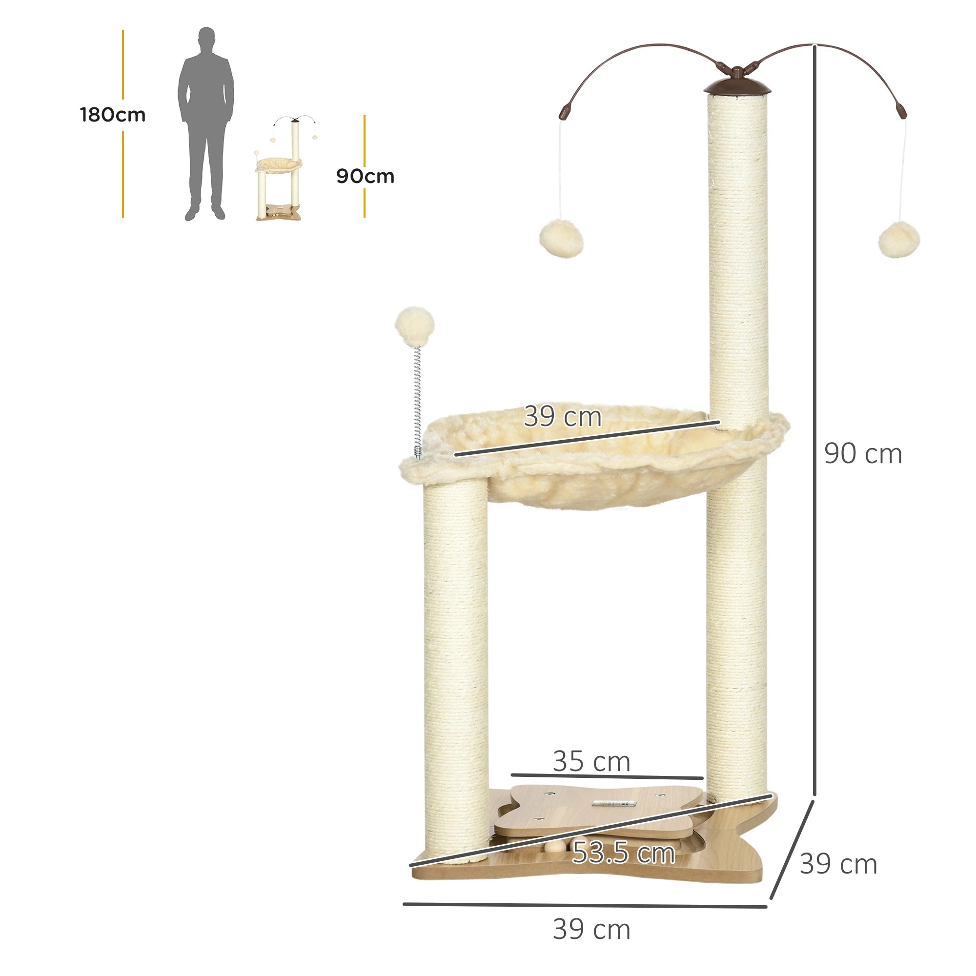 Cat Tree Scratching Post for Cats max 5kg with Hammock, Play Balls and Sisal Posts, 53.5x53. 5x90 cm, Beige - Borge' Group Limited