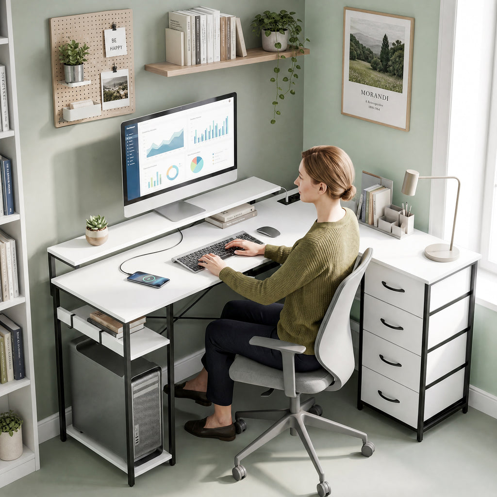 HOMCOM Corner Desk with Sockets, 4 Fabric Drawers, Monitor Riser and 2 Hooks, 155x112x85.5-91.5 cm, Black and White