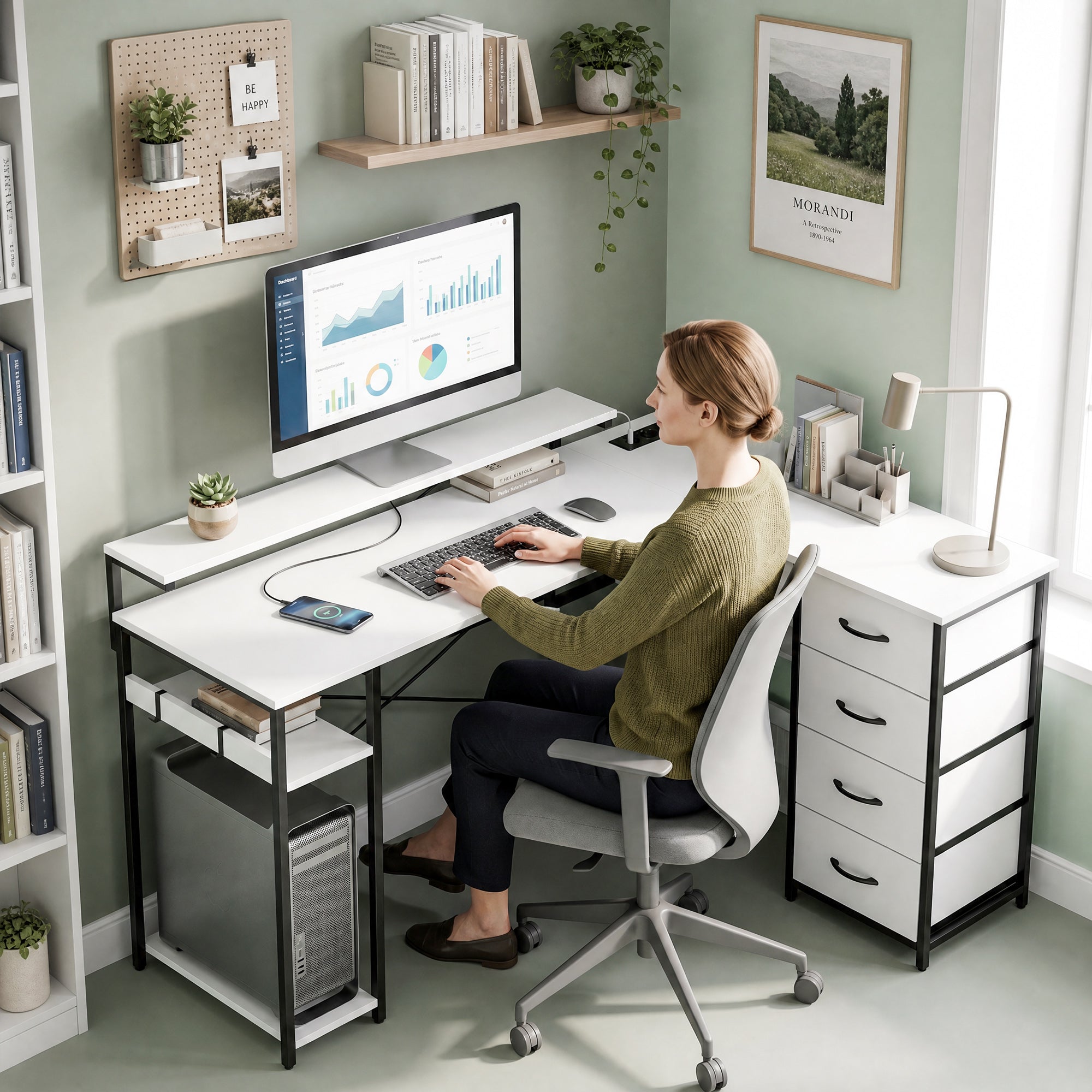 HOMCOM Corner Desk with Sockets, 4 Fabric Drawers, Monitor Riser and 2 Hooks, 155x112x85.5-91.5 cm, Black and White