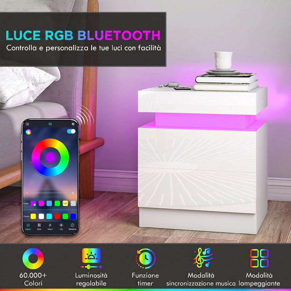 HOMCOM Set of 2 LED Nightstands with 16 Colors and 4 Modes with 2 Drawers, Wooden, 45x35x52 cm, Glossy White