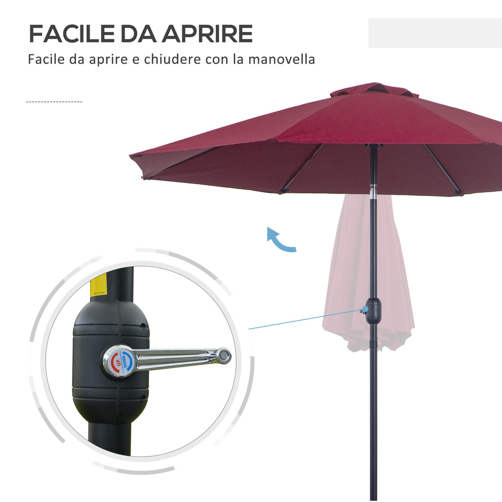 Round and Adjustable Umbrella with Crank, in Polyester, Metal and Fiberglass, Ø265x240 cm, Red and Black