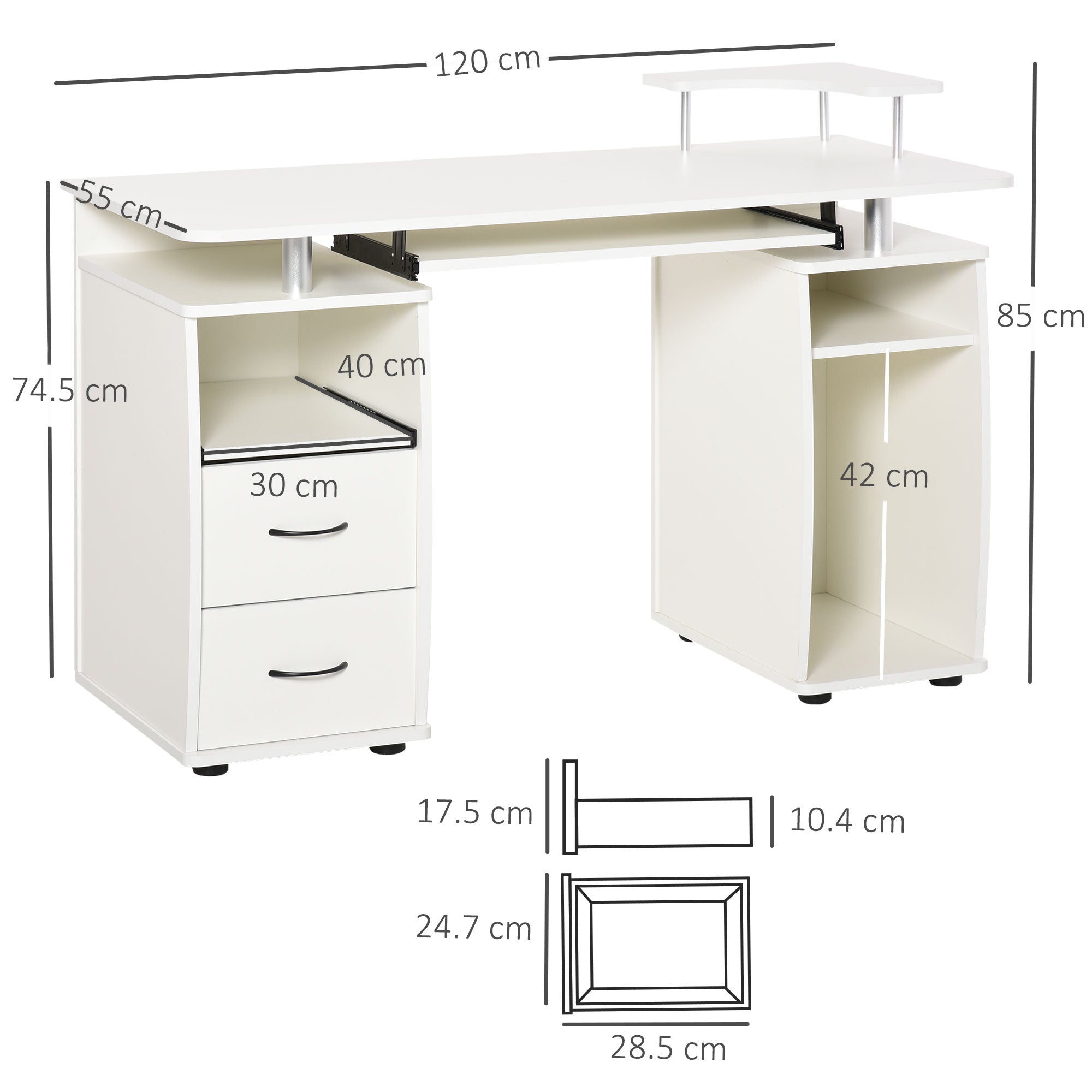 PC Desk with Keyboard and Monitor Shelf and 2 Drawers, 120x55x85 cm, White