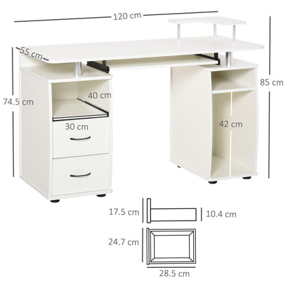 PC Desk with Keyboard and Monitor Shelf and 2 Drawers, 120x55x85 cm, White