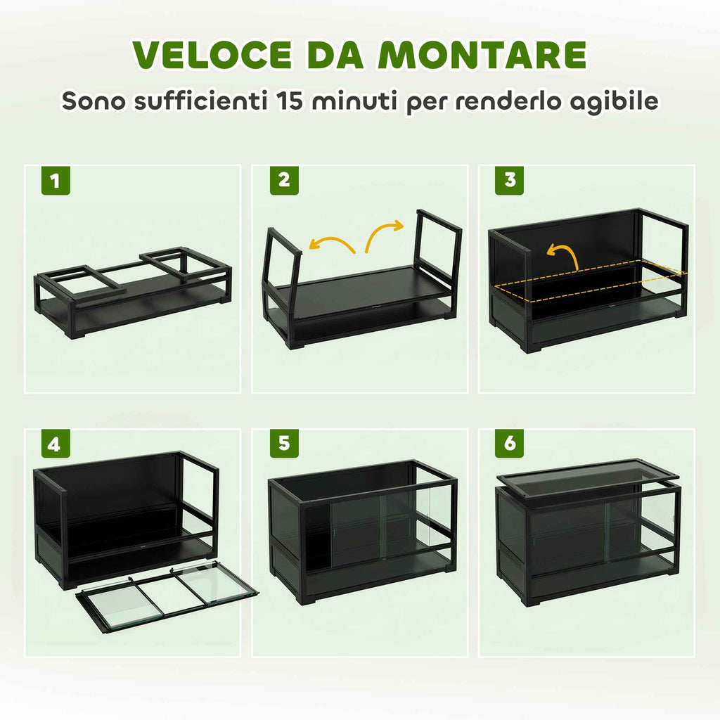 PawHut Raised and Foldable Reptile House with Tempered Glass and Plastic Lid and Walls, 60x45x32 cm, Black