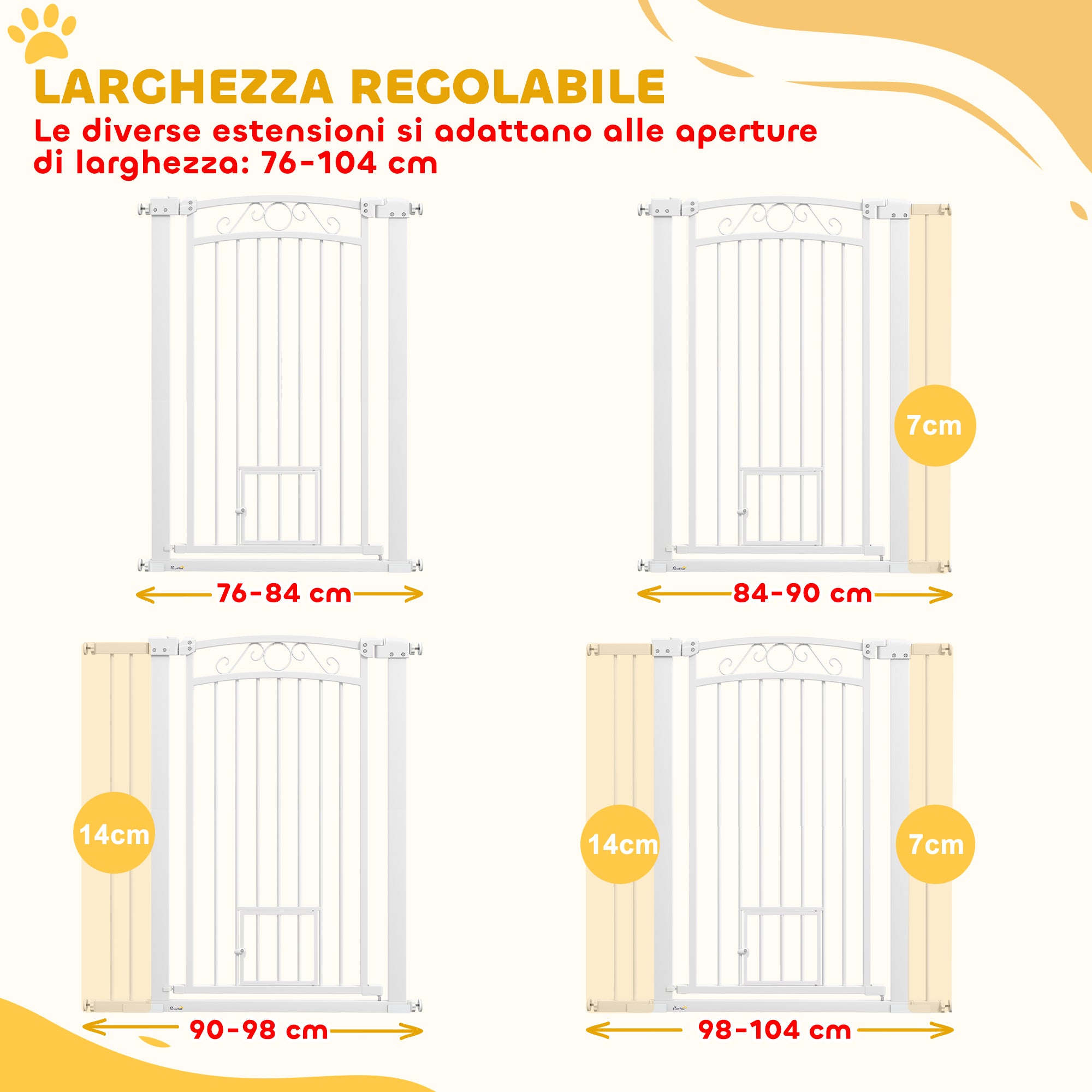 Adjustable Dog Gate with Extensions and Cat Door, 76-104x106cm, White