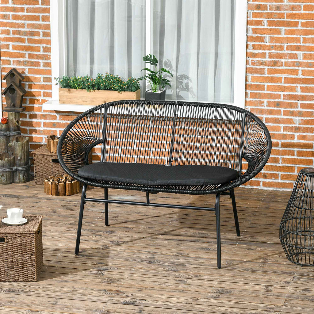 Outsunny 2-Seater Garden Sofa in PE Rattan and Steel with Cushions and Armrests, 132x72x83 cm, Black