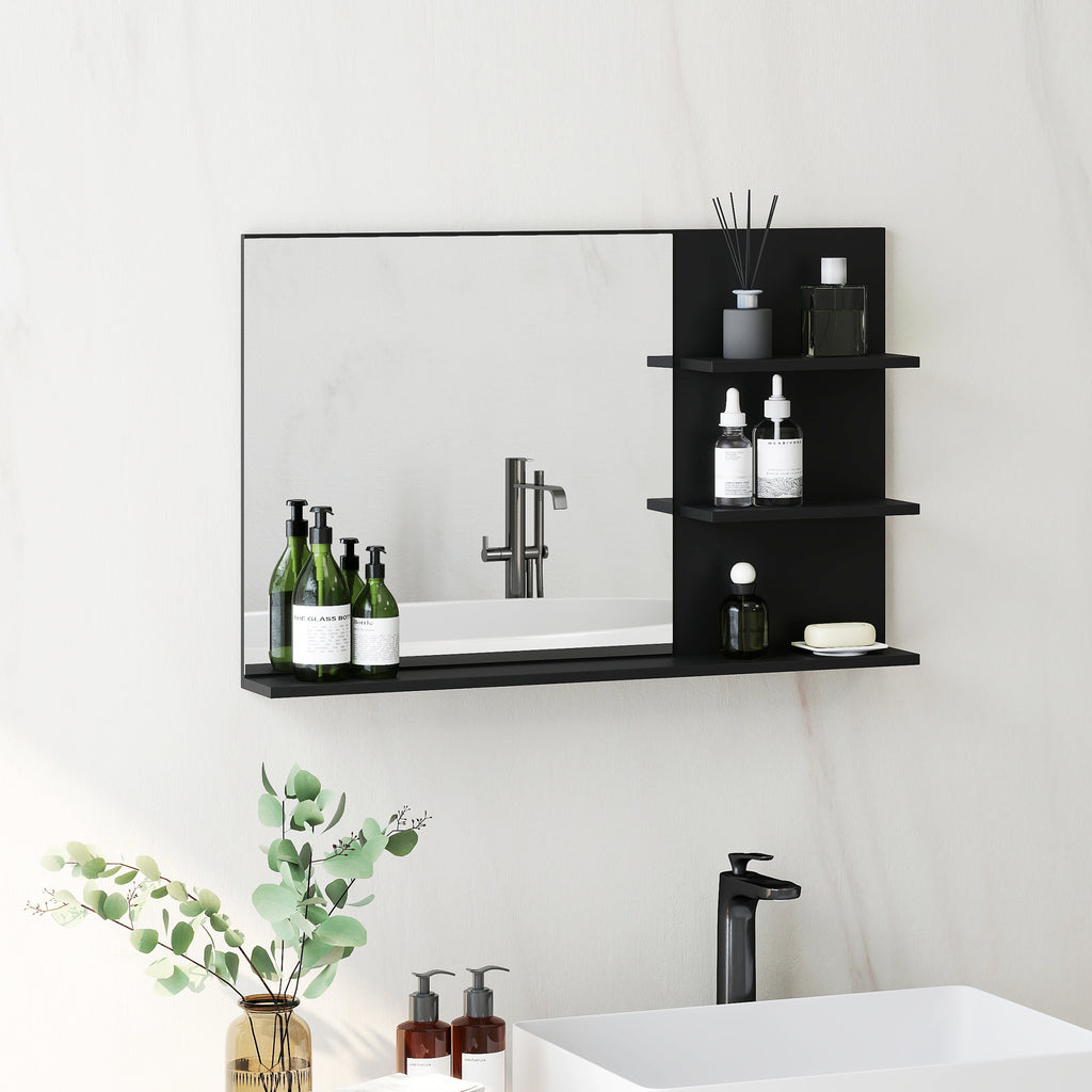 Modern Bathroom Mirror with 2 Side Shelves and Bottom Shelf, in Wood and Glass, 75x10x48 cm, Black
