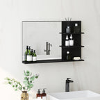 Modern Bathroom Mirror with 2 Side Shelves and Bottom Shelf, in Wood and Glass, 75x10x48 cm, Black