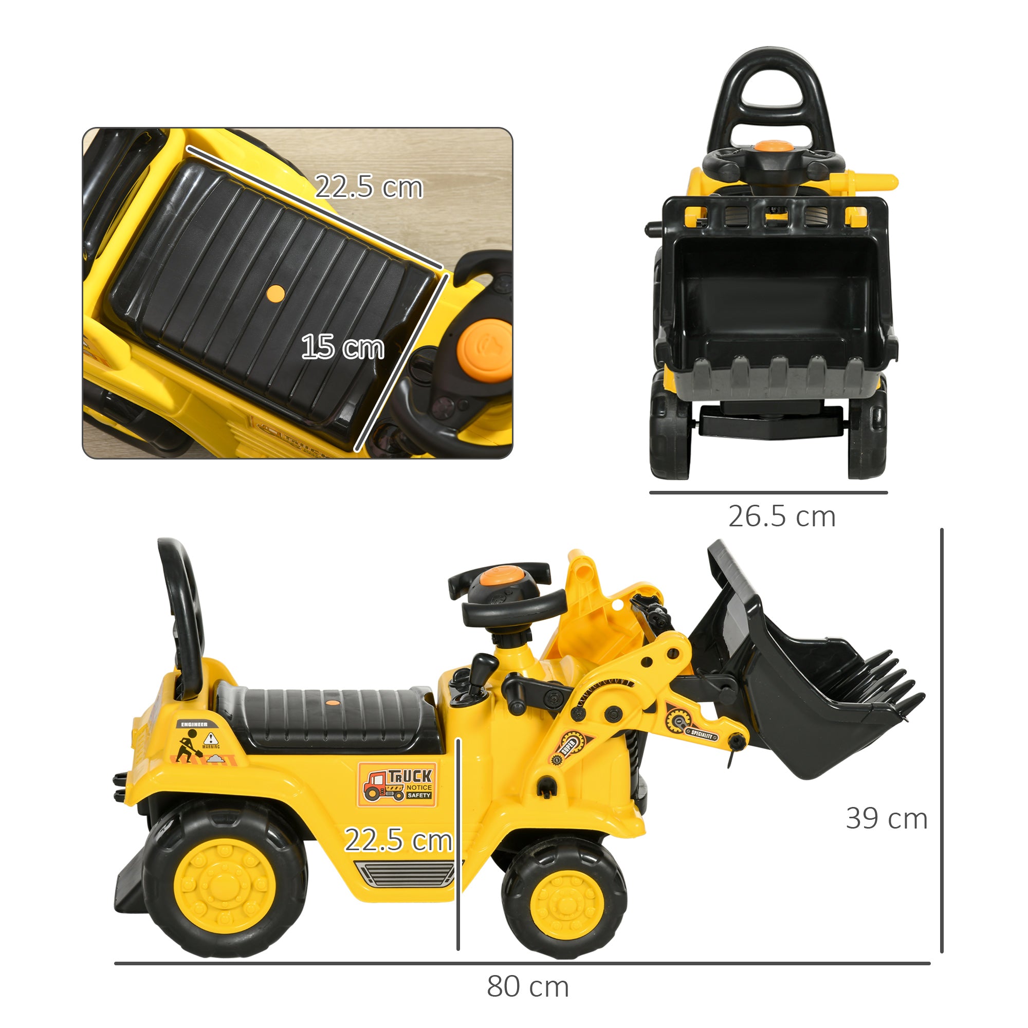 Children's Excavator with Bucket and Retractable Storage Space, PP and ABS, 80x26.5x39 cm, Yellow and Black