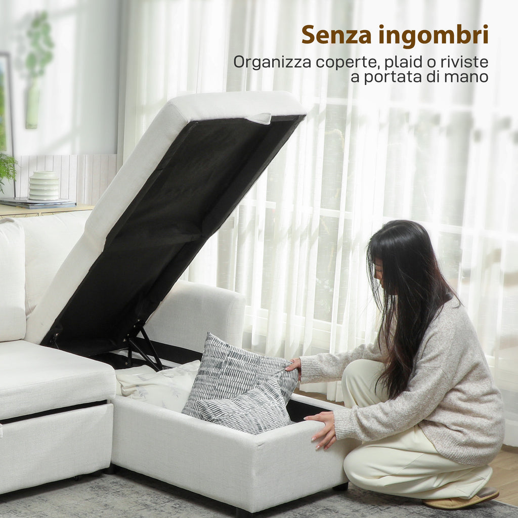 Linen-Effect Corner Sofa Bed with Retractable Storage Compartment, 192x148x86 cm, Cream White