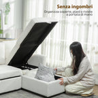 Linen-Effect Corner Sofa Bed with Retractable Storage Compartment, 192x148x86 cm, Cream White