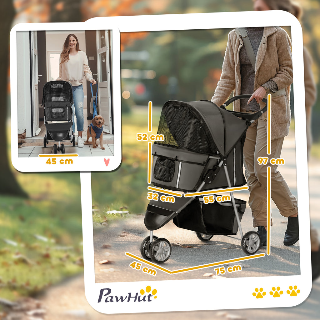 Folding Dog Stroller with Cup Holder and Basket, Steel and Polyester, 75x45x97 cm, Charcoal Grey