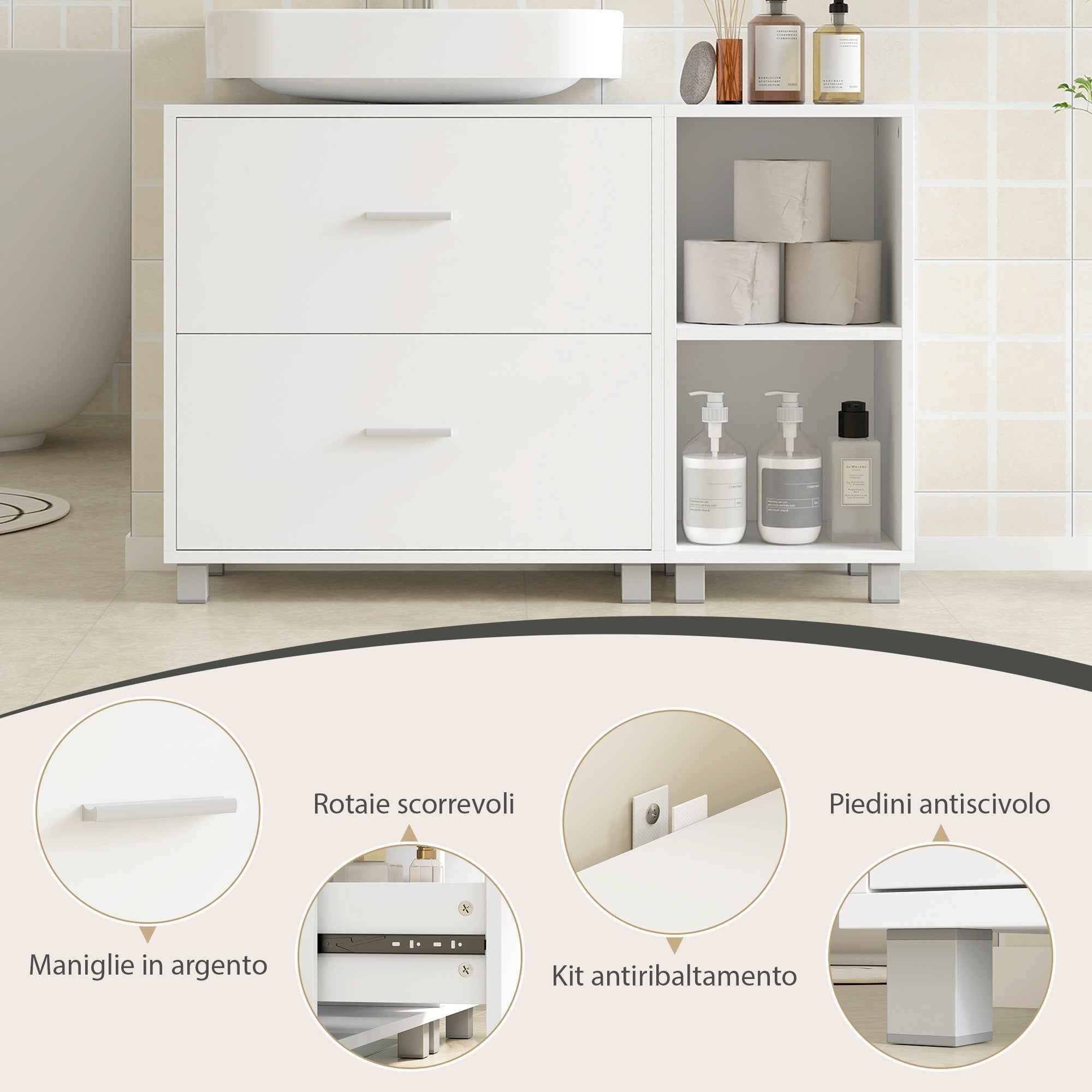 HOMCOM Bathroom Vanity Unit with 2 Drawers and Open Shelves, Wooden, 90x30x60 cm, White