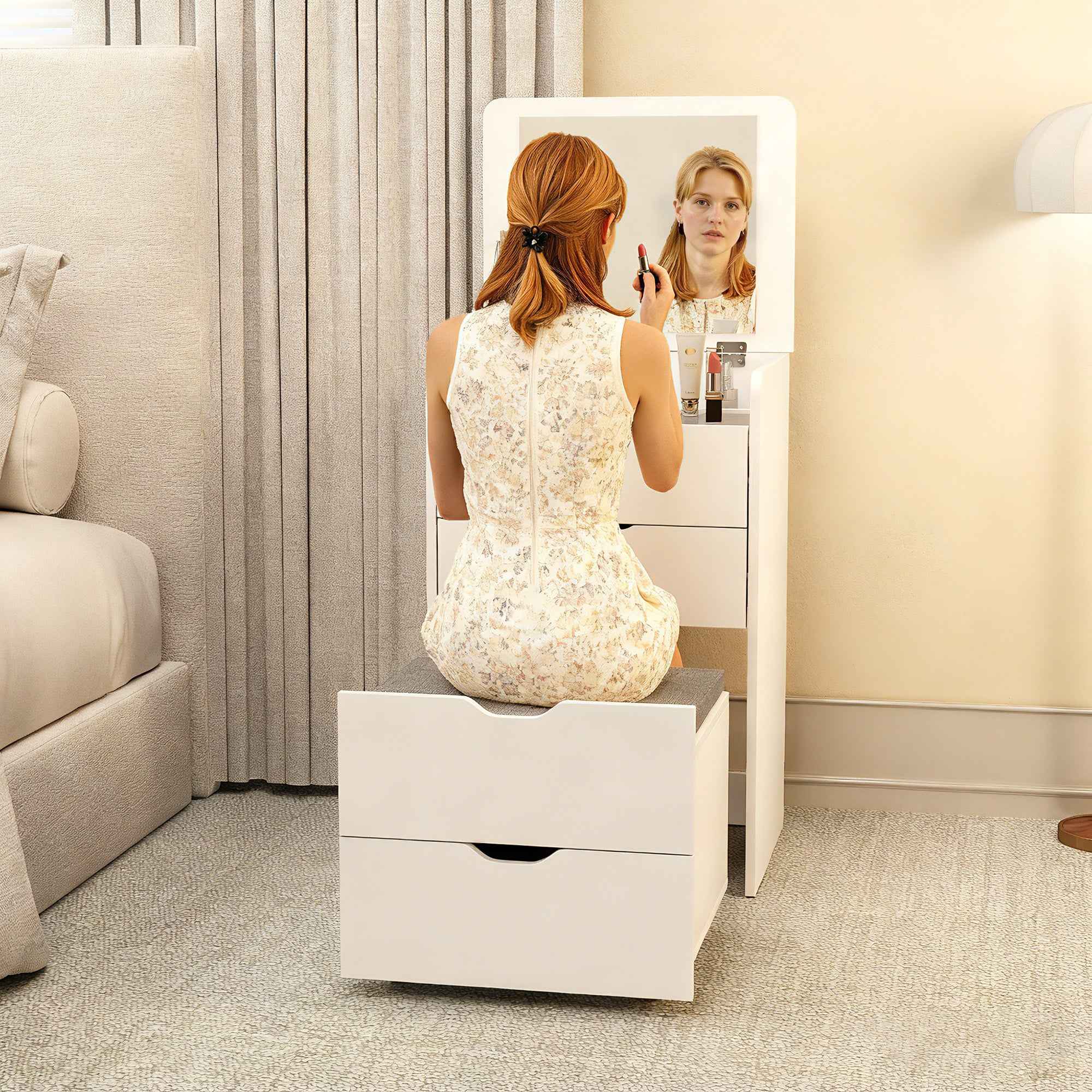 HOMCOM 3-in-1 Dressing Table with Mirror, Compartment, 2 Drawers and Stool, Wooden, 50x40x78 cm, White