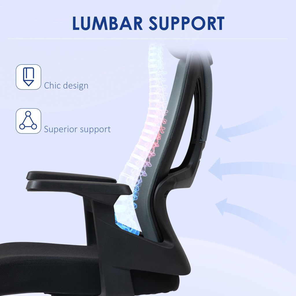 Office Chair with Lumbar Support and Headrest, Swivel Seat with Adjustable Height, Black