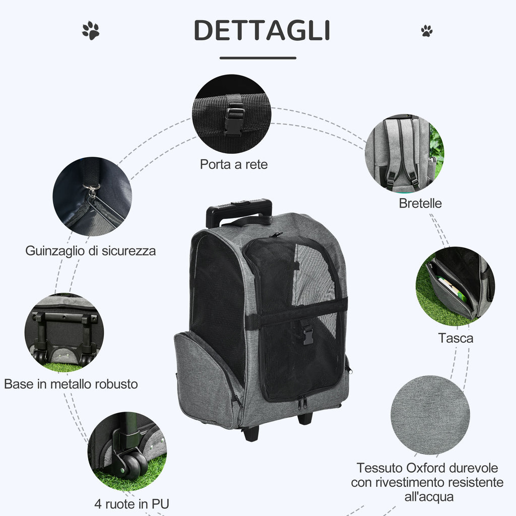 2-in-1 Pet Carrier Backpack for Dogs and Cats with Side Pockets, Telescopic Handle and Wheels, 42x25x55cm, Grey