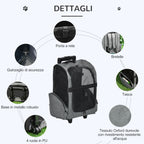 2-in-1 Pet Carrier Backpack for Dogs and Cats with Side Pockets, Telescopic Handle and Wheels, 42x25x55cm, Grey