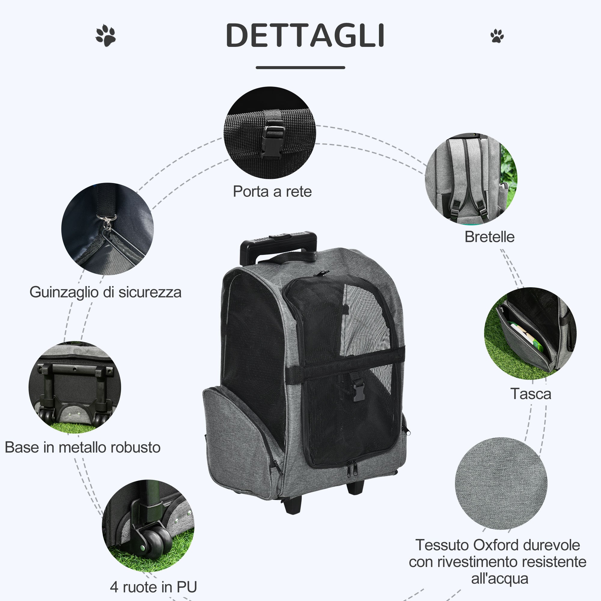 2-in-1 Pet Carrier Backpack for Dogs and Cats with Side Pockets, Telescopic Handle and Wheels, 42x25x55cm, Grey