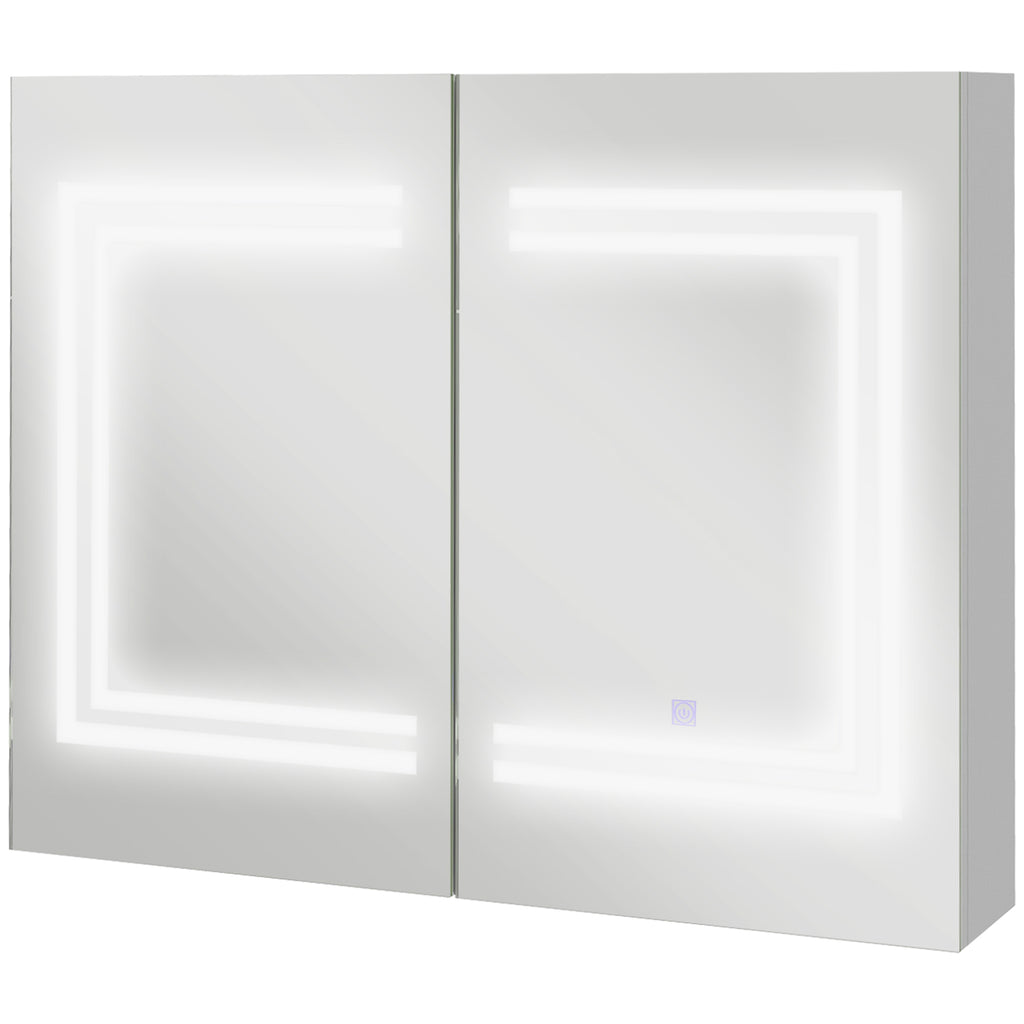 kleankin Bathroom Mirror Cabinet with LED Light, 80 x 65cm Bathroom Cabinet with Mirror, Soft Close Door, 3-Color Dimmable, Adjustable Shelves, Gloss White