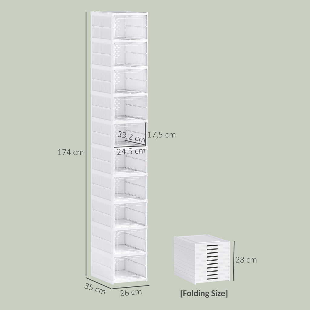 HOMCOM Slim Folding Shoe Rack with 10 Shoe Compartments, Space-Saving Shoe Cabinet with Transparent Panel, No Assembly Required, White