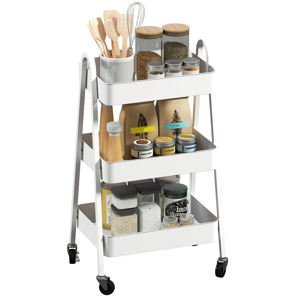 Multipurpose 3-Tier Kitchen Trolley, Swivel Wheels with Brake and Handles, White