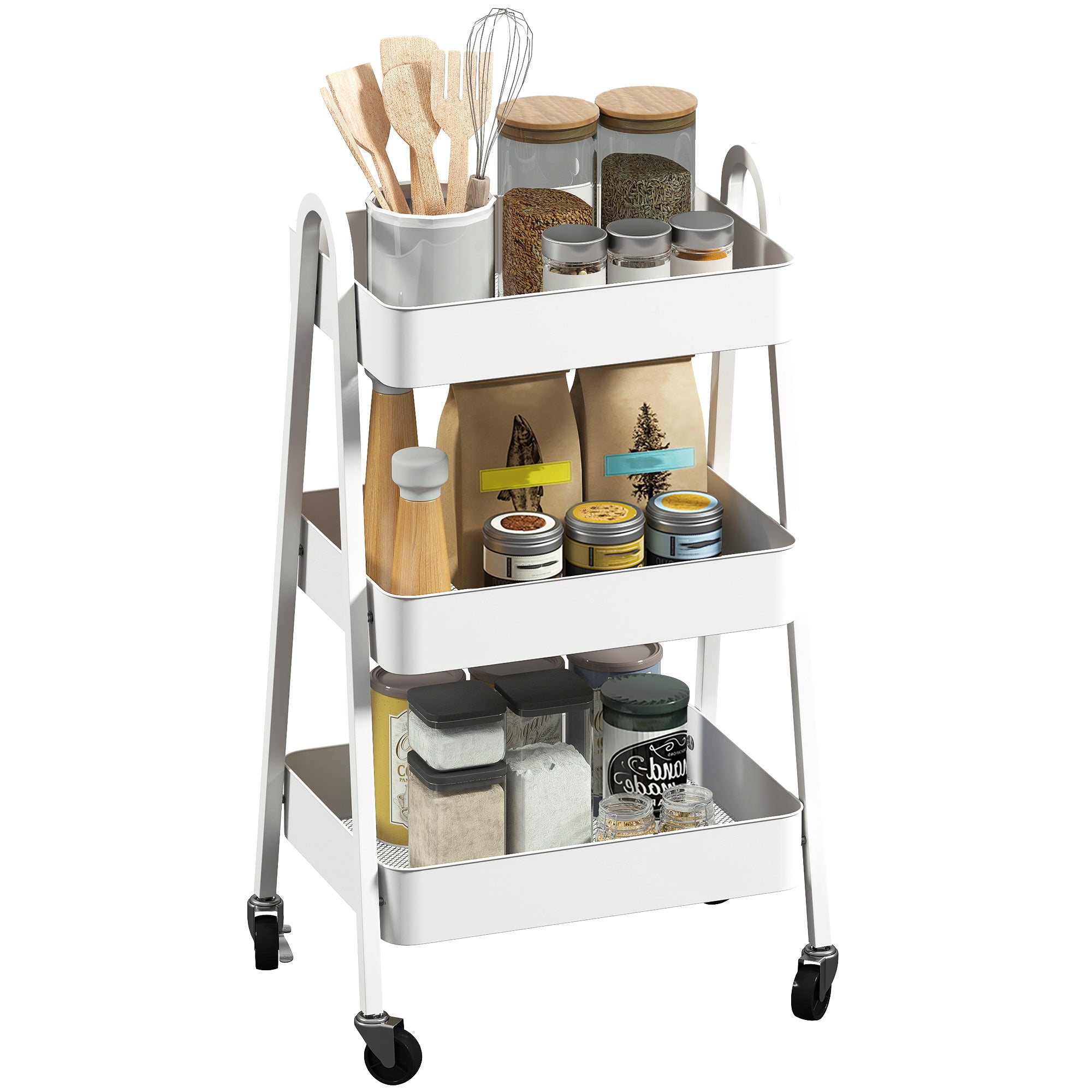 Multipurpose 3-Tier Kitchen Trolley, Swivel Wheels with Brake and Handles, White