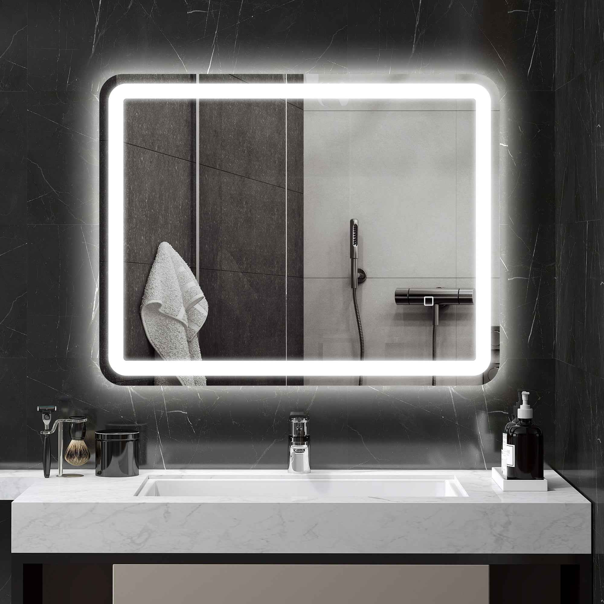 HOMCOM LED Touch Bathroom Mirror with Dimmable Light, 3 Temperatures and Anti-Fog, 70x90 cm