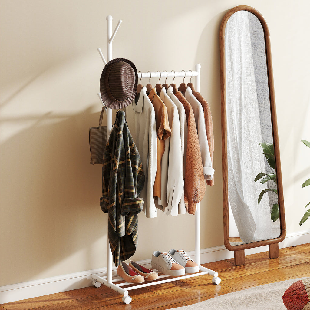 Freestanding Coat Rack with Wheels, 5 Hooks and Lower Shoe Shelf, White