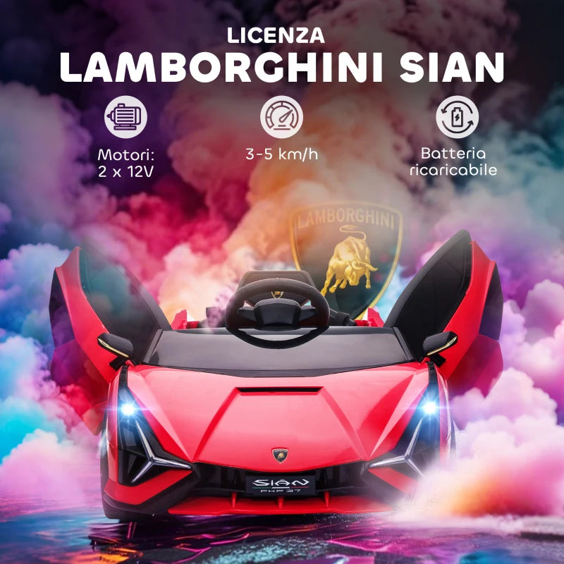 Electric Ride-On Toy Car for Kids 3-5 Years Old 12V Lamborghini SIAN, 3-5km/h Electric Car for Kids with 2 Motors, Headlights and Music, Remote Control, Seat Belt and Horn, Red