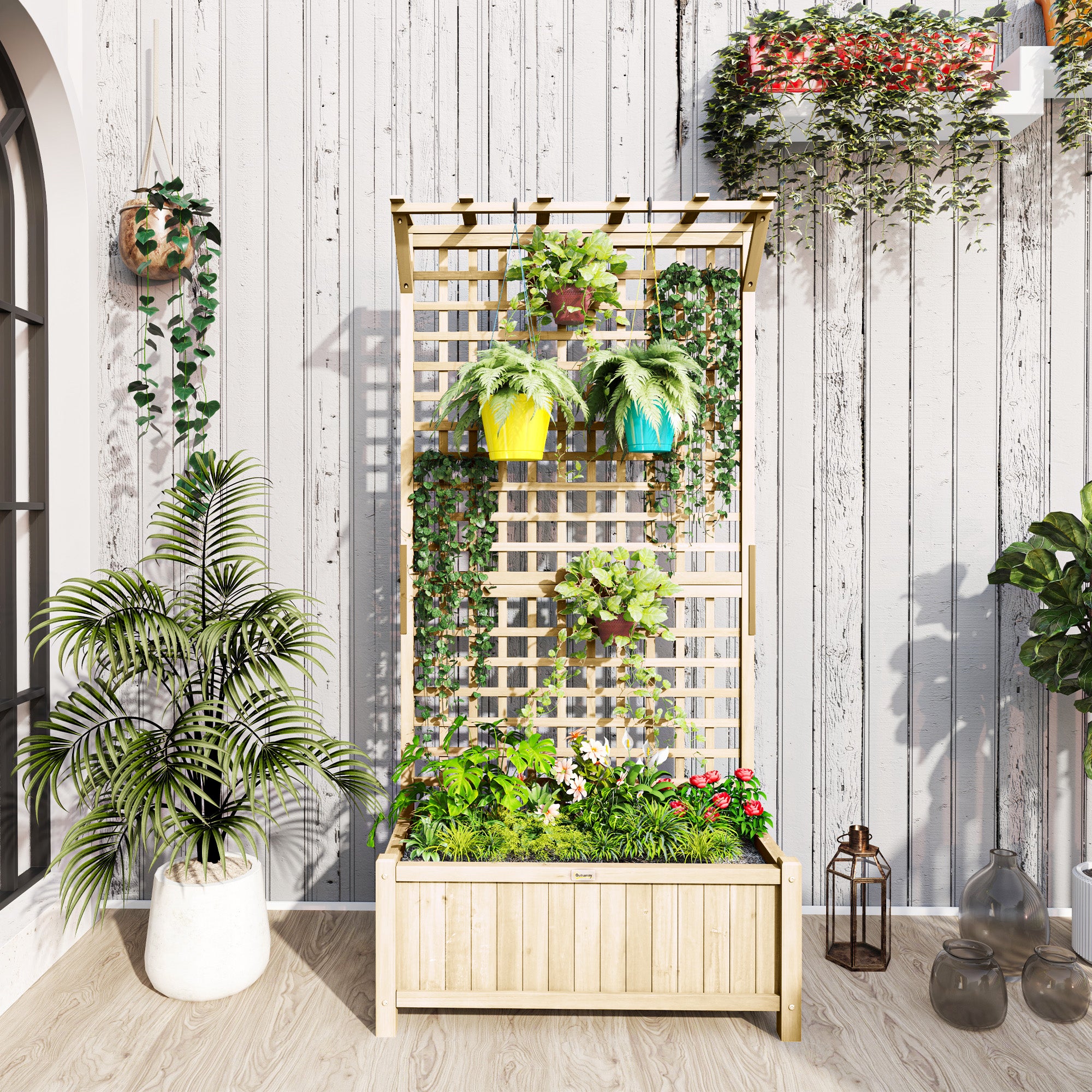 Outsunny Garden Planter with Trellis for Climbing Plants, 90x45x183 cm, Natural Wood