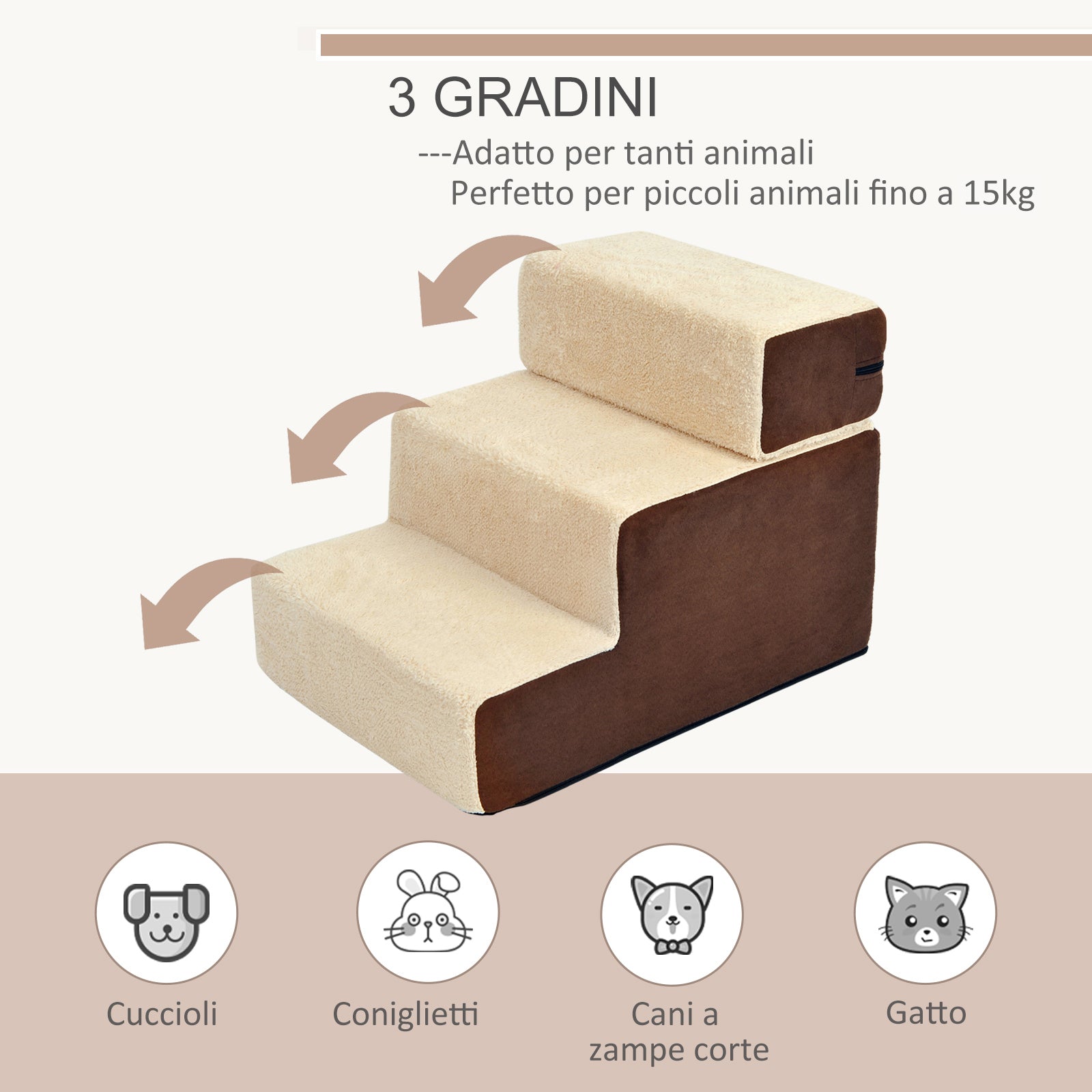 3-Step Removable Non-Slip Dog and Puppy Ladder, Beige and Brown, 54x40x39cm