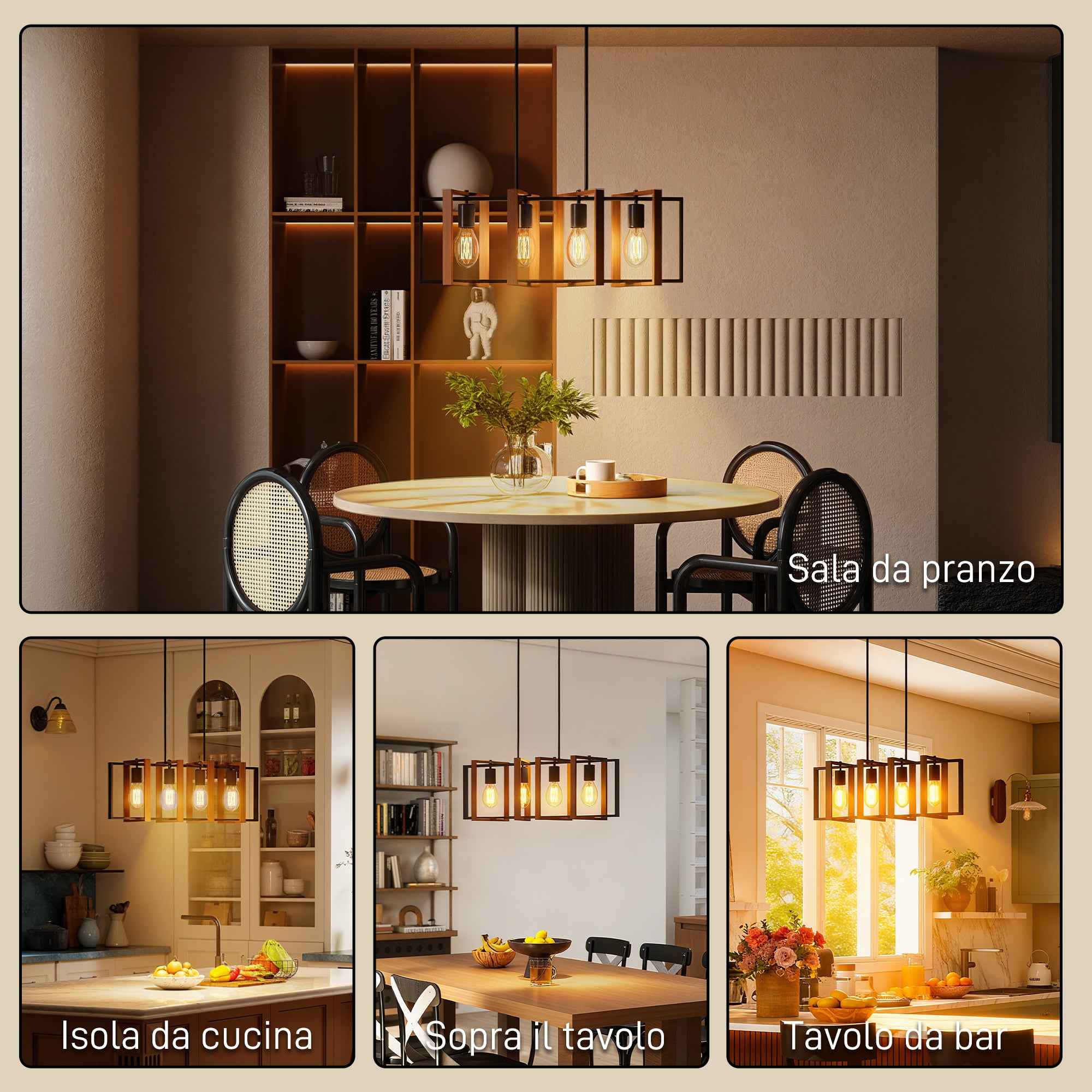 HOMCOM Rustic Pendant Light with 4 Rotatable Frames and Adjustable Chain, 80x21x90-130 cm, Black and Brown