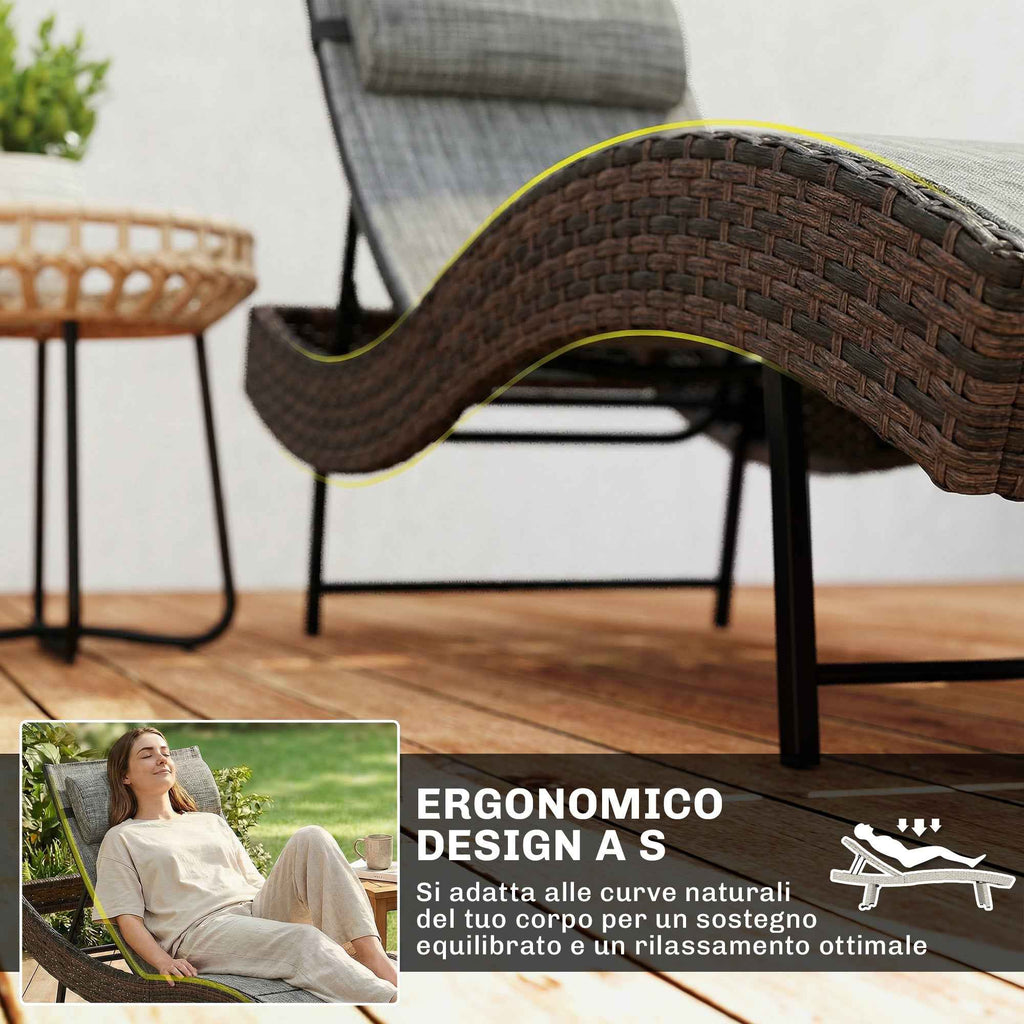 Outsunny S-Shaped Rattan Garden Sun Lounger with 5-Position Cushion, 60x198x44cm, Brown
