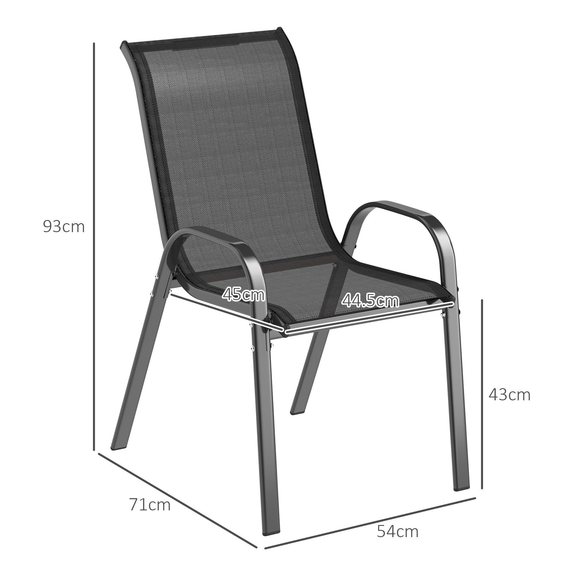 Set of 4 Stackable Garden Chairs in Steel and Breathable Mesh Fabric, 54x71x93 cm, Black