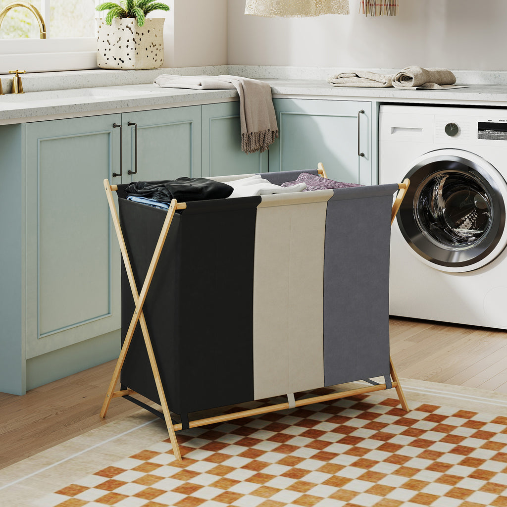 Foldable Laundry Hamper with 3 Compartments, Bamboo and Linen Effect Fabric, 75x48x67 cm, Multicolor