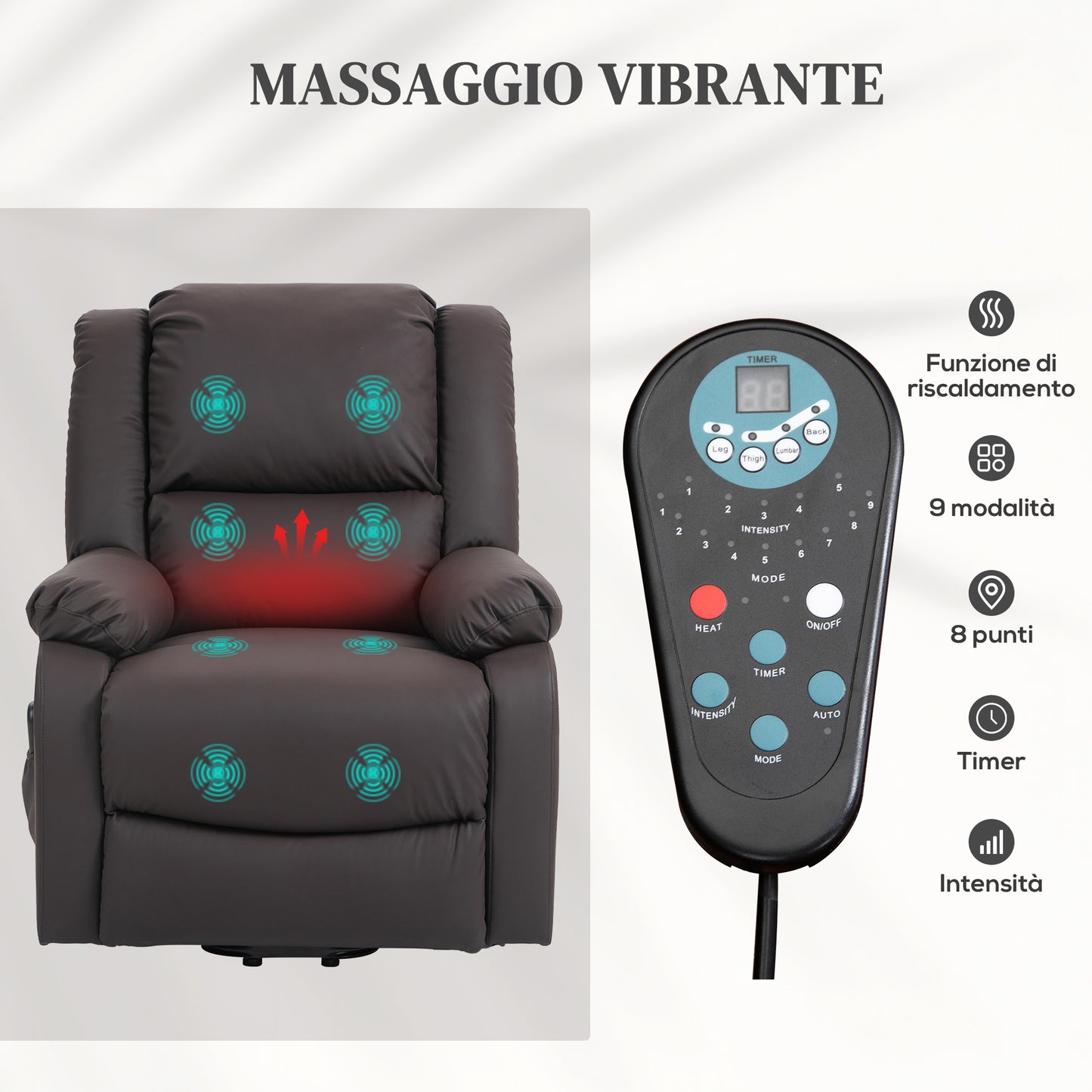 Relax Lift Armchair Reclining at 155° with 8 Massage and Heating Points, Brown - Borgè