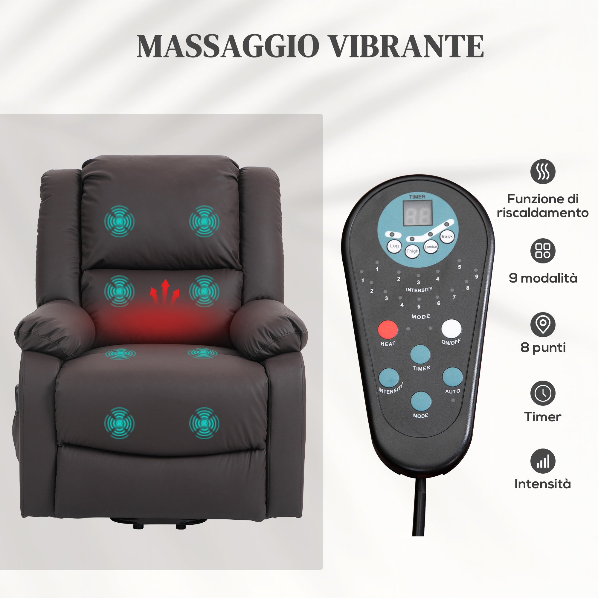 Relax Lift Armchair Reclining at 155° with 8 Massage and Heating Points, Brown - Borgè