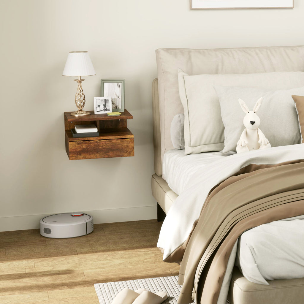 Set of 2 Floating Nightstands for Bedroom with Drawer and Wooden Shelf 35x32x22.5cm, Brown