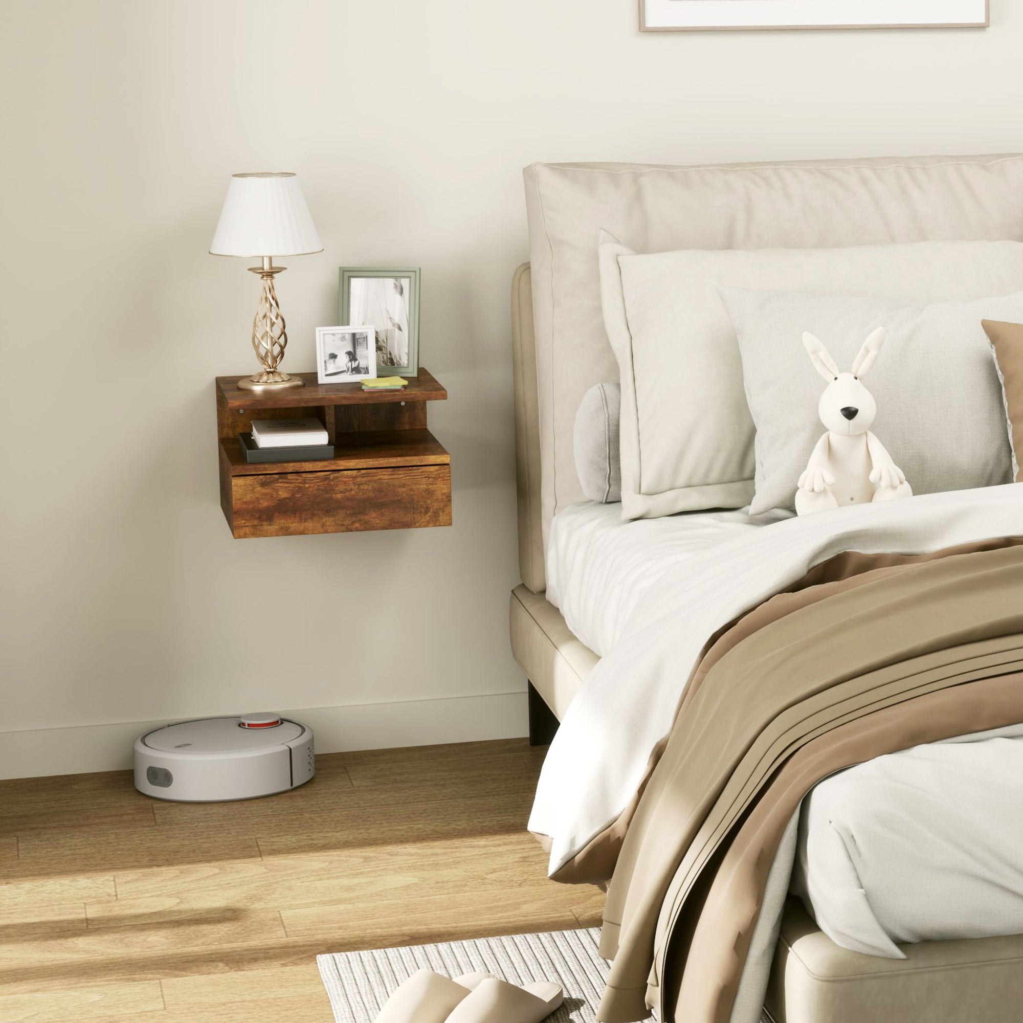 Set of 2 Floating Nightstands for Bedroom with Drawer and Wooden Shelf 35x32x22.5cm, Brown