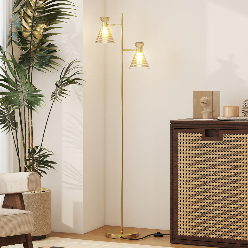 Modern Floor Lamp with 2 Lights and Adjustable Heads, Foot Switch, Gold