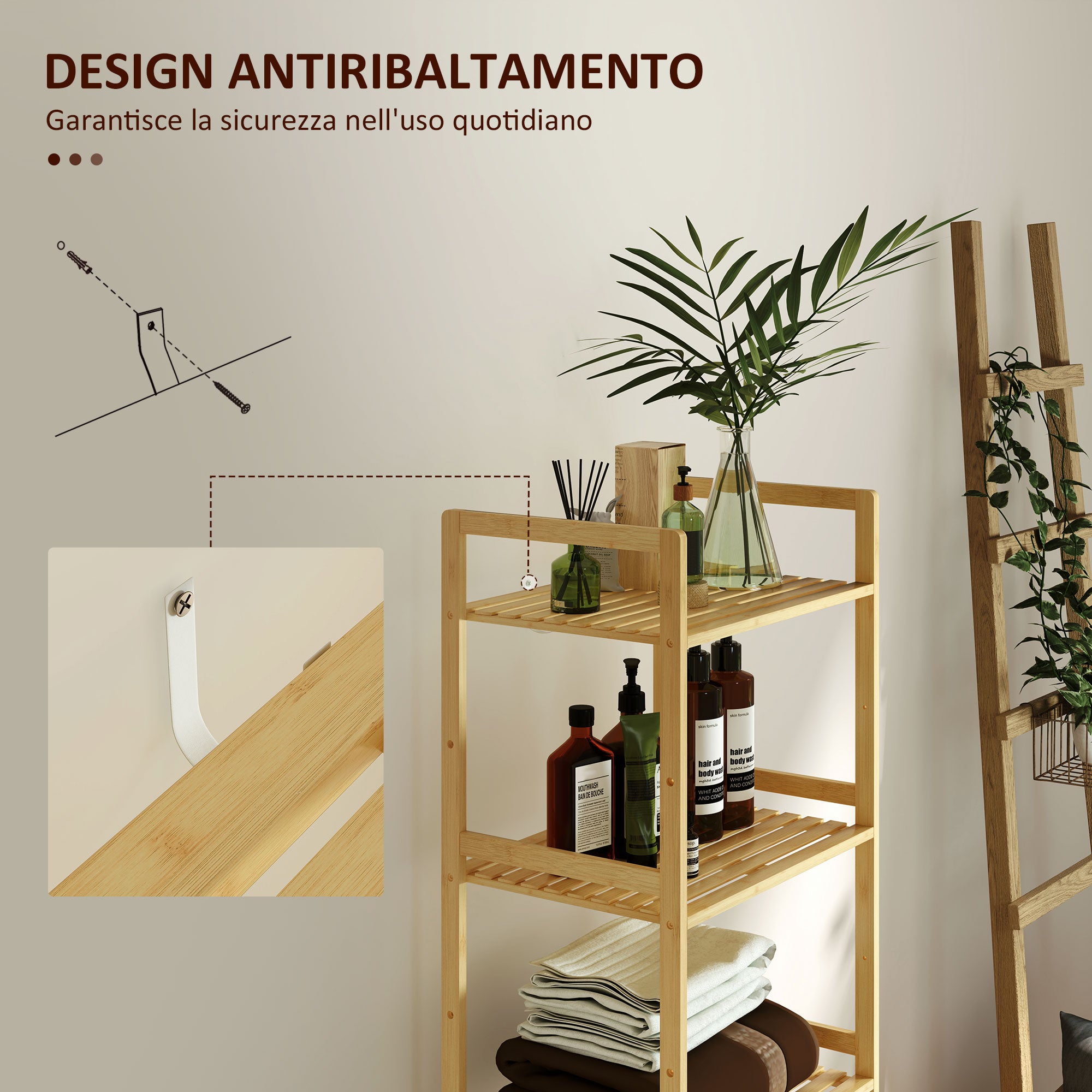 Bathroom Shelf with 5 Height-Adjustable Shelves in Bamboo, 43.5x31.5x142 cm, Natural Wood