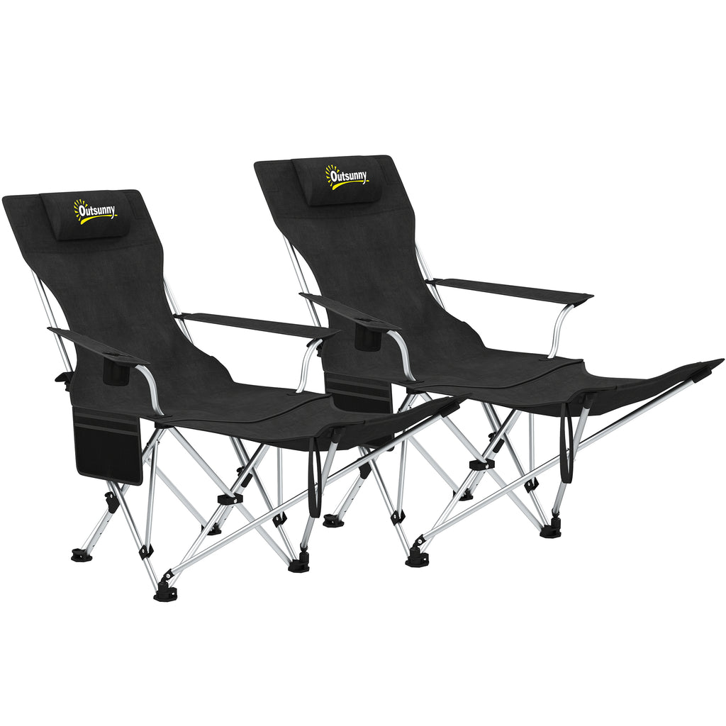 Set of 2 Folding Camping Chairs with Detachable Footrest and Cup Holder, 82x50/100x88 cm, Black