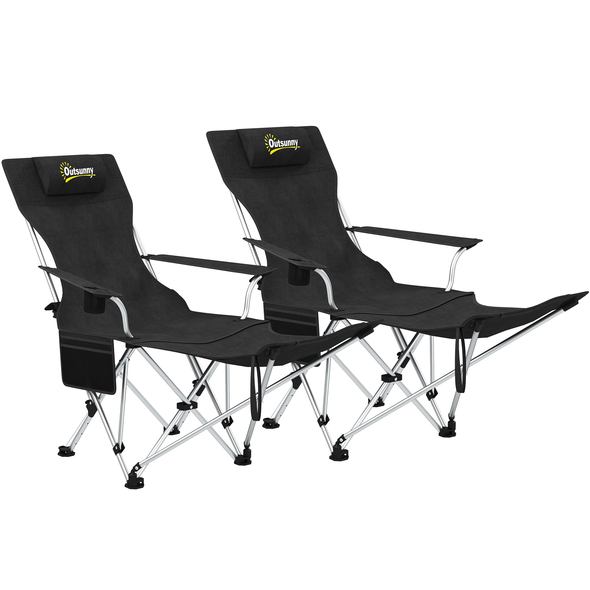 Set of 2 Folding Camping Chairs with Detachable Footrest and Cup Holder, 82x50/100x88 cm, Black